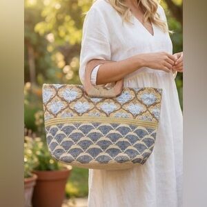 Blue And Gold Print Woven Wooden Handle Tote Bag